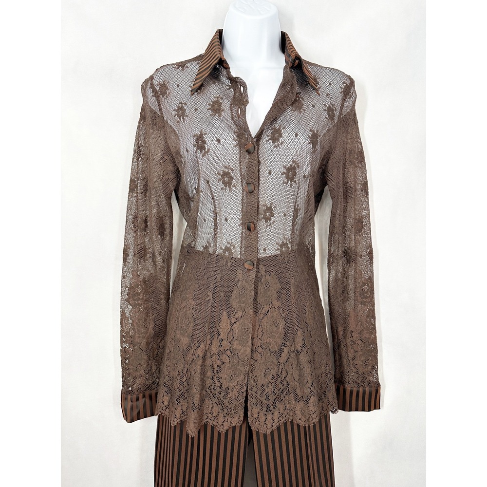 Bleu Blanc Rouge Set Brown Long Sleeve Lace Top Striped Brown Pants US Size 2 - Picture 2 of 12